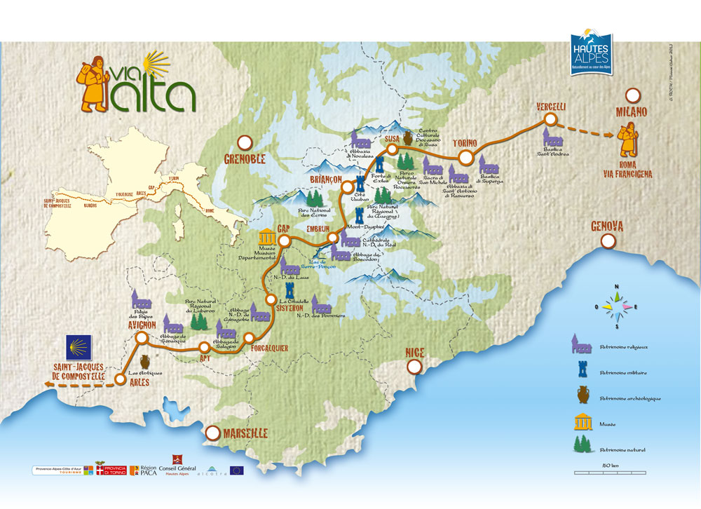 La Via Alta Entre Rome et Saint-Jacques de Compostelle, à travers les Alpes - carte