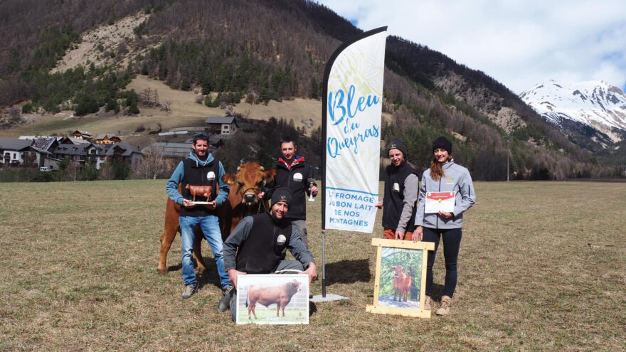 Alexandre LAGIER (Président de l'Association du Bleu du Queyras), François BLANC, Damien PHILIP et Simon PHILIP (GAEC du Val d'Azur), ont reçu des mains de Manon RAFFOUR (Technicienne en race bovine, représentant de CAP Tarentaise), le diplôme et la médaille de bronze du Challenge National Racial 2024 organisé en marge du Concours Général Agricole.