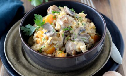 Risotto aux champignons, courge et saucisses - Dou Fanny